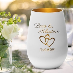 Windlicht Hochzeit Herzen personalisiert mit Namen und Datum | Geschenk für Verliebte Hochzeit Hochzeitstag Valentinstag | Kerze Gravur