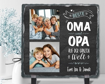 Schiefertafel mit 2 Fotos und Text "Beste Oma & Opa auf der ganzen Welt" - personalisierbar mit Foto + Namen | Fotogeschenk für Oma und Opa