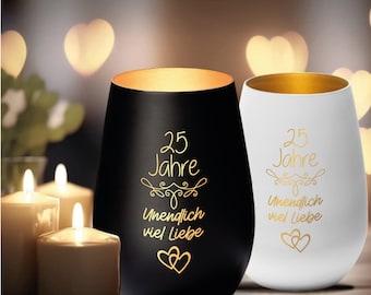 Windlicht "25 Jahre unendliche Liebe" | Geschenkidee Silberhochzeit Kerze Gravur Glückwunsch
