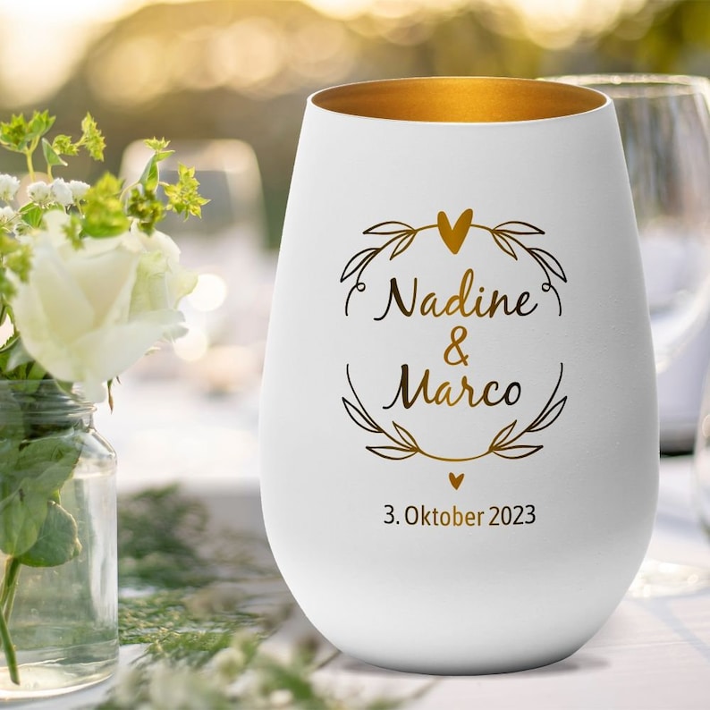 Windlicht Hochzeit Kranz personalisiert mit Namen und Datum Geschenk für Verliebte Hochzeit Hochzeitstag Valentinstag Kerze Gravur Bild 3