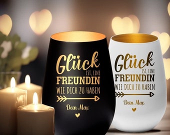 Windlicht "Glück ist, eine Freundin wie dich zu haben" personalisiert mit Namen | Geschenk für die Beste Freundin / Partnerin | Kerze Gravur