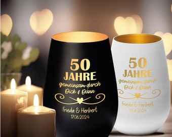 Windlicht "goldene Hochzeit Dick und Dünn" individuell graviert mit Namen und Datum | Geschenk Goldene Hochzeit Kerze Gravur Hochzeitstag