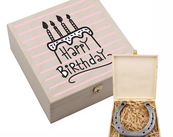 Hufeisen-Box mit Motiv "Happy Birthday" und Torte