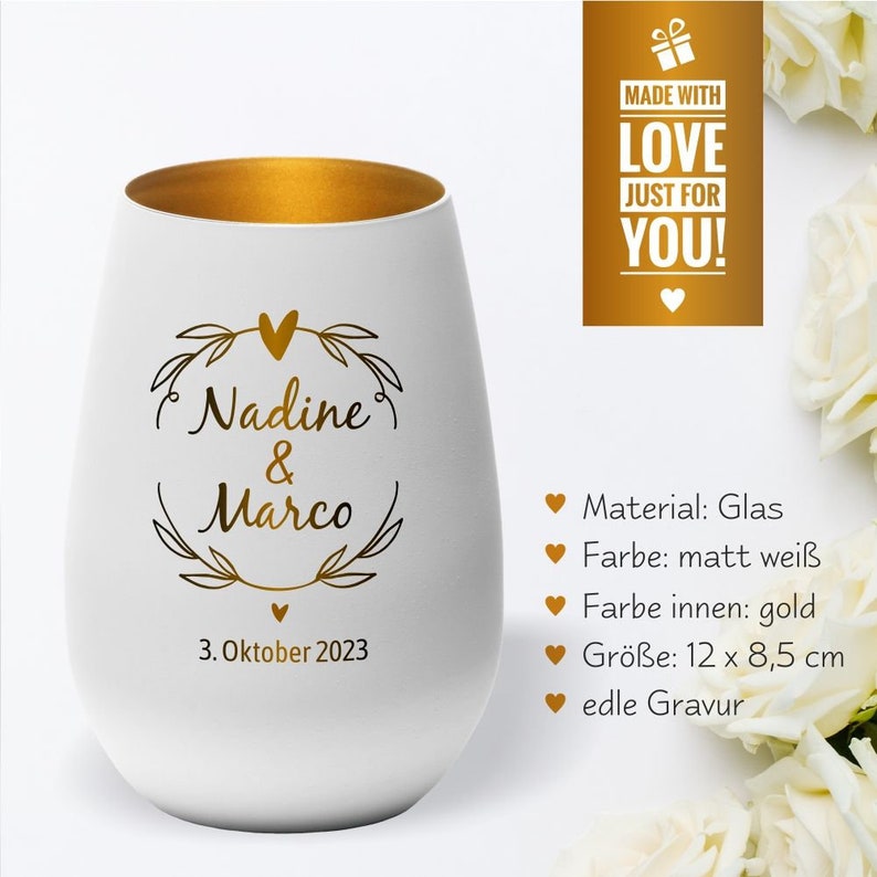 Windlicht Hochzeit Kranz personalisiert mit Namen und Datum Geschenk für Verliebte Hochzeit Hochzeitstag Valentinstag Kerze Gravur Bild 5