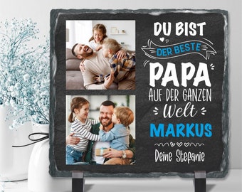 Schiefertafel mit 2 Fotos & Text "Du bist der beste Papa auf der ganzen Welt" - personalisierbar mit eigenem Foto | Fotogeschenk Vatertag