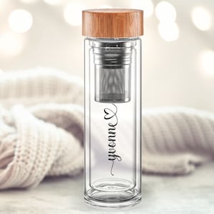 Thermal glass bottle personalized with name & heart printed | Happy | Glass with removable, two-part stainless steel tea strainer 450ml