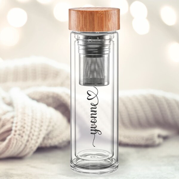 Thermo-Glasflasche personalisiert mit Namen & Herz bedruckt | Design Happy | Glas mit herausnehmbarem, zweiteiligem Edelstahl Teesieb 450ml