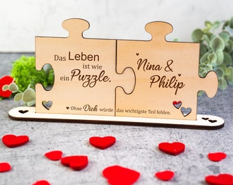 Holz - Puzzleteile "Das Leben ist wie ein Puzzle" - personalisiert | individuell graviert Deko Geschenk Partner Partnerin Beziehung Gravur