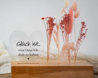 Trockenblumenständer - Herz "Glück ist eine Oma wie Dich zu haben" | Muttertag | Danke Oma | Geschenk Oma | Trockenblumen rosa | aus Holz