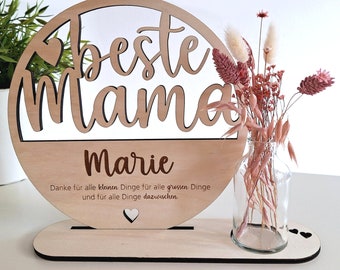 Holzaufsteller "beste Mama" mit Trockenblumen & Vase - personalisiert mit Namen | Geschenk zum Muttertag, Geburtstag, Weihnachten graviert