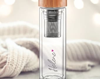 Thermo-Glasflasche personalisiert mit Namen & Herz bedruckt | Design Heart | Glas mit herausnehmbarem, zweiteiligem Edelstahl Teesieb 450ml