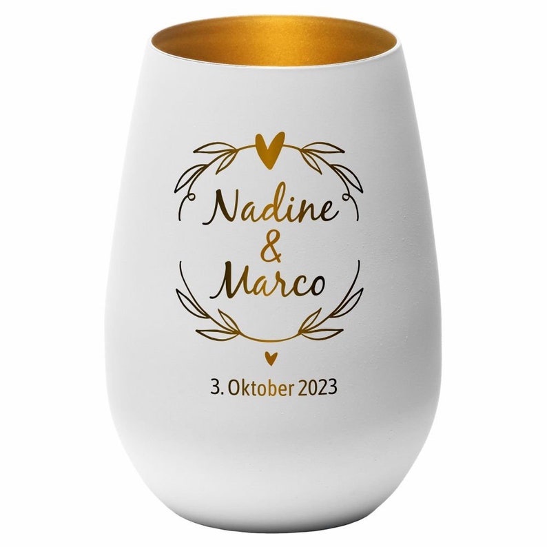 Windlicht Hochzeit Kranz personalisiert mit Namen und Datum Geschenk für Verliebte Hochzeit Hochzeitstag Valentinstag Kerze Gravur Bild 4