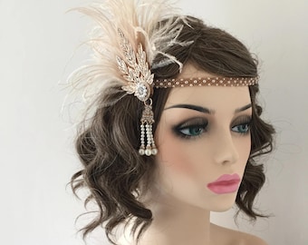 Rhinestone & Ostrich Feather Headpiece Flapper 20s Gatsby Headband Hair Clip Wedding Bridal