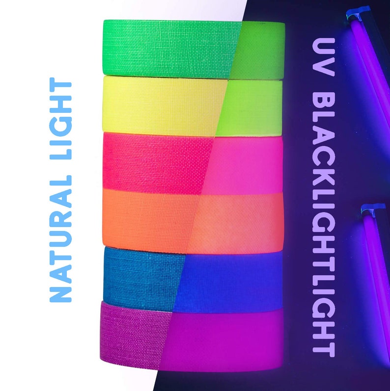 May include: A stack of six rolls of neon colored tape. The tape is shown under natural light and under a UV blacklight. The tape glows brightly under the blacklight. The colors are green, yellow, pink, orange, blue, and purple.