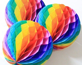 Rainbow Honeycomb Ball Decorations | Set of 3 Party Pom Poms