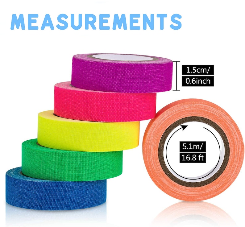 May include: Six rolls of colorful athletic tape, stacked in a rainbow pattern. The tape is 1.5 cm (0.6 inches) wide and 5.1 m (16.8 feet) long.