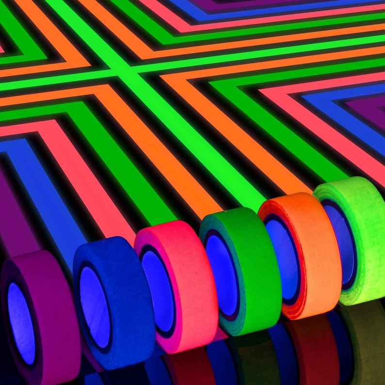 May include: A set of eight neon colored gaffer's tape rolls. The rolls are arranged in a rainbow pattern with the colors green, orange, red, blue, purple, pink, yellow, and black.