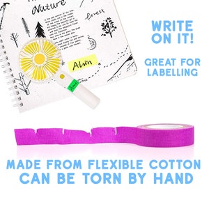 May include: Purple fabric tape with a torn edge. The tape is made from flexible cotton and can be torn by hand. The text "WRITE ON IT! GREAT FOR LABELLING" is written in blue on a white background.