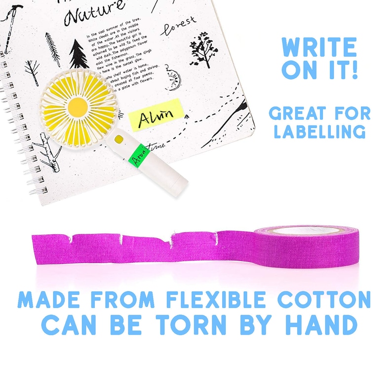 May include: Purple fabric tape with a torn edge. The tape is made from flexible cotton and can be torn by hand. The text "WRITE ON IT! GREAT FOR LABELLING" is written in blue on a white background.