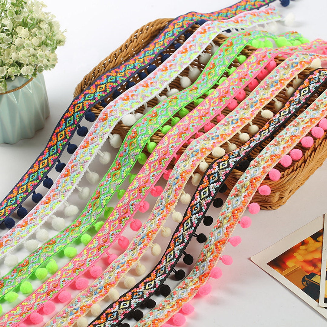 Jacquard Bohemian Ethnic Pom Poms Trim Ribbon Upholstery Fringe Sewing