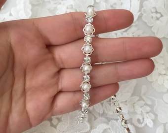 strass perle fleur applique couleur argent DIAMANTE Pearl Bridal Trim 