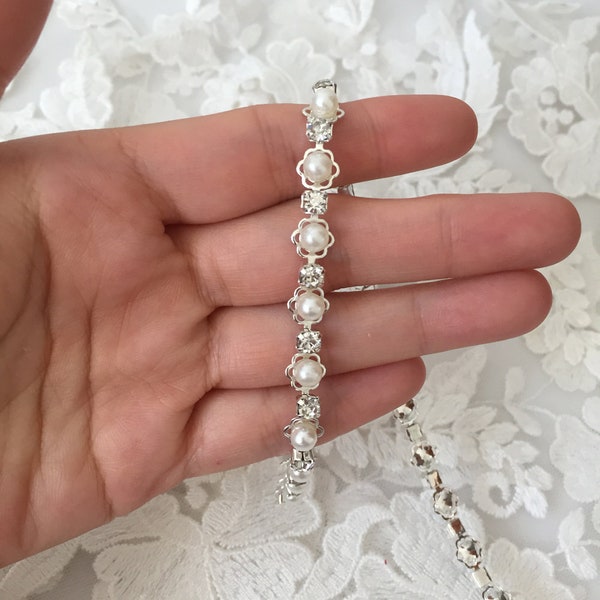 Pearl & Rhinestone Beaded Silver Gold Chain Trim Wedding Dress Belt Bridal Applique