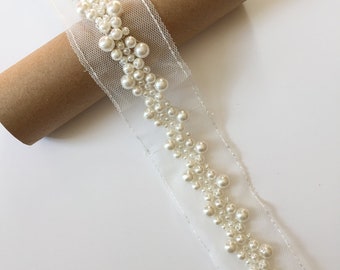 Beaded Pearl Trim Ribbon Chain for Bridal Sash Diamante Wedding Belt Hat Bag Craft