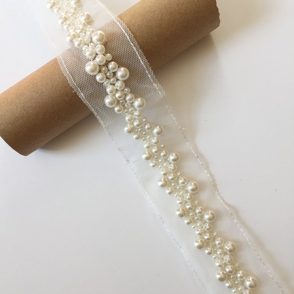 Beaded Pearl Trim Ribbon Chain for Bridal Sash Diamante Wedding Belt Hat Bag Craft