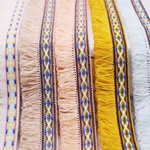May include: Close-up of decorative fringe trim in various colors. The trim features a woven pattern with blue, yellow, and orange accents. The fringe is in shades of white, peach, and yellow, suitable for craft projects.