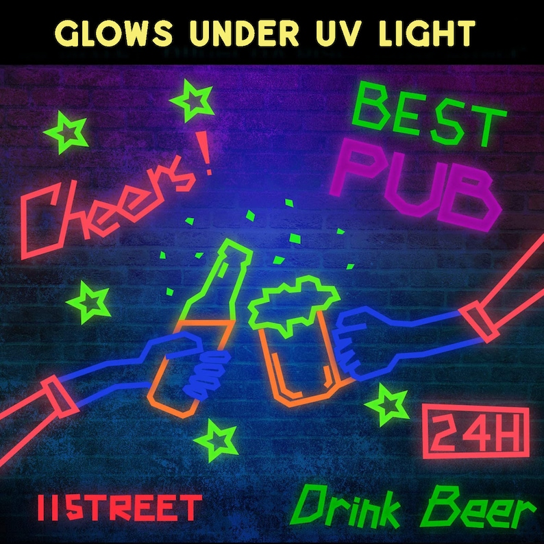 May include: Neon sign with the words "Best Pub" in pink, "Cheers!" in red, "24H" in red, "IISTREET" in blue, and "Drink Beer" in green. The sign also features two cartoon arms holding a beer bottle and a glass of beer, all glowing under a UV light.