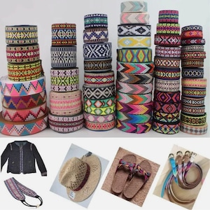May include: Assortment of colourful woven trim with geometric patterns. The trim is available in a variety of colours and designs, including red, blue, green, yellow, and black. The trim can be used for a variety of crafting projects, such as making clothing, accessories, and home decor.