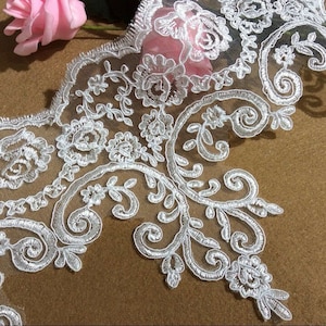Floral Corded Scalloped Lace Edge Embroidered Trim Boho Wedding Dress Bridal Veil
