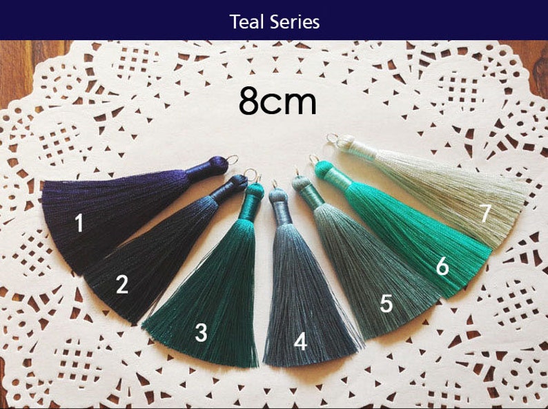 May include: Teal Series 8cm tassel trim in seven colors: dark blue, navy blue, teal green, light blue, light teal green, medium teal green, and light green.