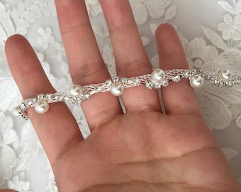 Rhinestone & Pearl Beaded Chain Trim, Bridal Applique