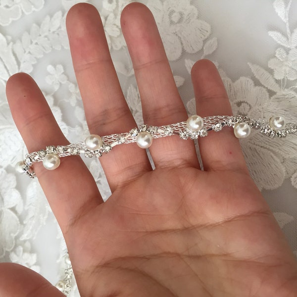 Rhinestone Diamante & Pearls Wavy Chain Trim Beaded Applique For Wedding Dress Dancer Bridal Belt Bridal