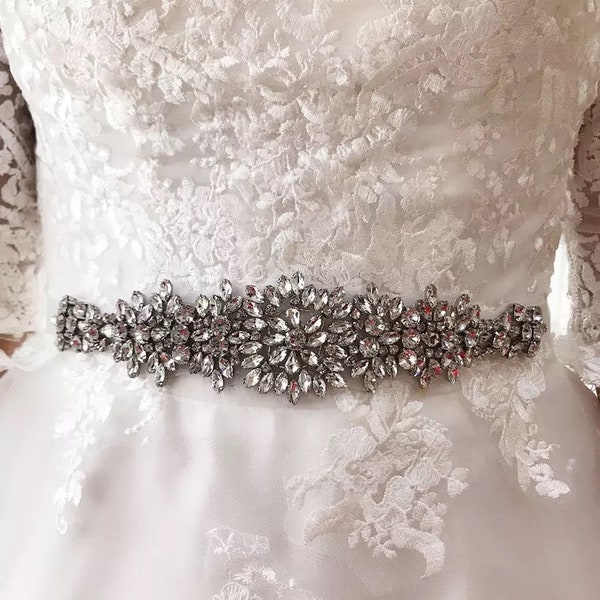 Beaded Rhinestone Diamante Applique Headband Bridal Waist Belt Wedding Dress D43