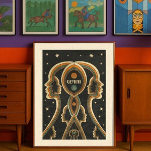 Lámina artística del zodiaco Géminis, arte mural divertido y original, regalo de Géminis, arte mural de los años 70, decoración maximalista, decoración de dopamina, póster de inspiración retro