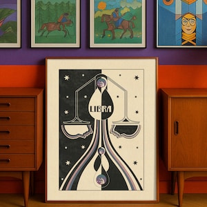 Lámina artística del zodiaco Libra: arte mural moderno de los años 70, regalo de Libra, decoración retro maximalista, póster colorido para signos de aire