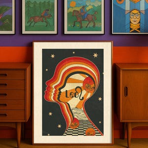 Lámina artística del zodiaco Leo: arte mural de los años 70, arte mural moderno, regalo de Leo, decoración maximalista para el hogar, póster de dopamina, arte astrológico retro colorido