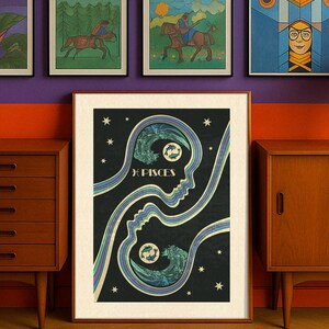 Lámina artística del zodiaco Piscis: arte mural de los años 70, arte mural moderno, regalo de Piscis, decoración maximalista, póster de inspiración retro, arte mural colorido