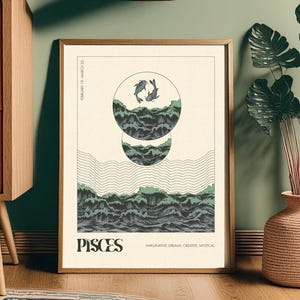 Lámina artística de Piscis: regalo de Piscis, póster maximalista, art nouveau, arte mural bohemio, arte mural moderno, póster vintage