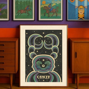 Lámina artística del zodiaco Cáncer: Arte mural suave y moderno, regalo para Cáncer, decoración retro maximalista, póster astrológico colorido, diseño de dopamina