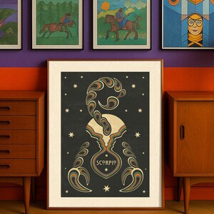 Lámina artística del zodiaco Escorpio: arte mural moderno de los años 70, regalo de Escorpio, póster maximalista, decoración retro de dopamina, arte mural colorido