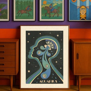 Stampa artistica dello zodiaco dell'Acquario - Arte murale anni '70, Arte murale funky, Regalo per l'Acquario, Poster retrò colorato, Arredamento massimalista,