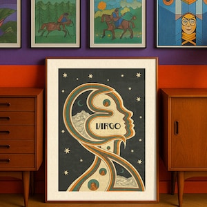 Stampa artistica con lo zodiaco della Vergine - 70 stampe da parete, stampe da parete originali, regalo per la Vergine, decorazioni massimaliste, poster retrò, decorazioni dopaminergiche per i segni di terra