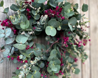 Fresh eucalyptus wreath, spring wreath, fresh door wreath, communion wreath, Mother's Day gift, purple, pink