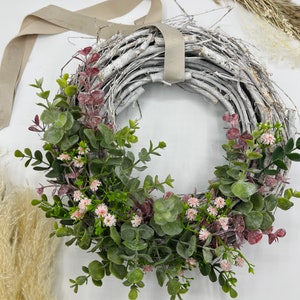 Door wreath spring cream brown country house style shabby chic eucalyptus pink