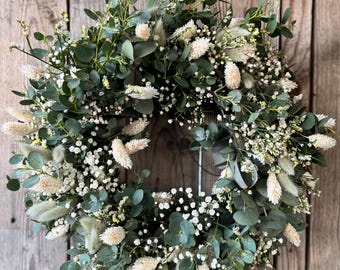 frischer Eukalyptuskranz Schleierkraut Larugus, Frühlingskranz Türkranz Kommunionskranz Hochzeitskranz Muttertagsgeschenk weiss