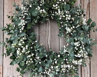 frischer Eukalyptuskranz Schleierkraut Frühlingskranz Türkranz Kommunionskranz Hochzeitskranz Muttertagsgeschenk