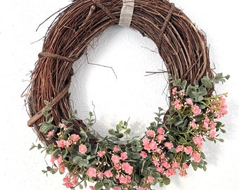 Door wreath spring cream brown country house style shabby chic eucalyptus pink